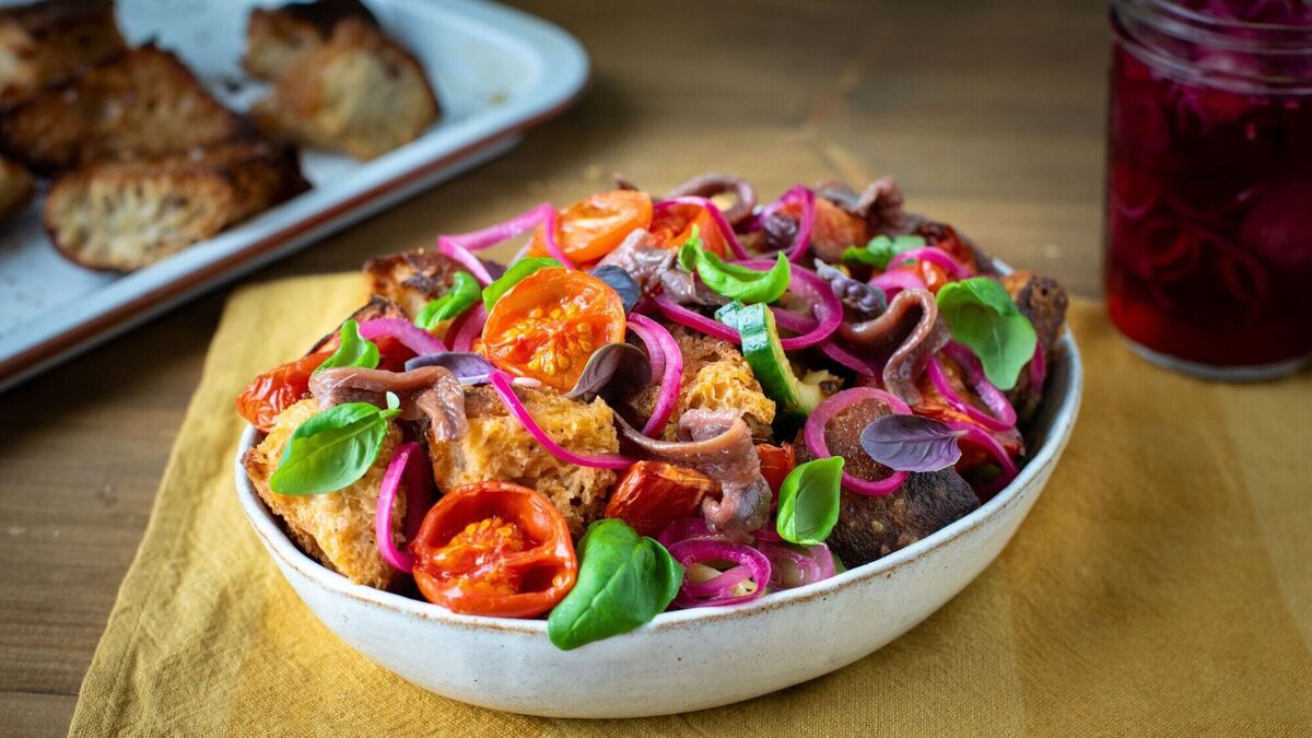 Panzanella salad with slow roast tomatoes and pickled red onion