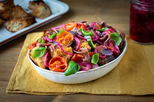 Panzanella salad with slow roast tomatoes and pickled red onion