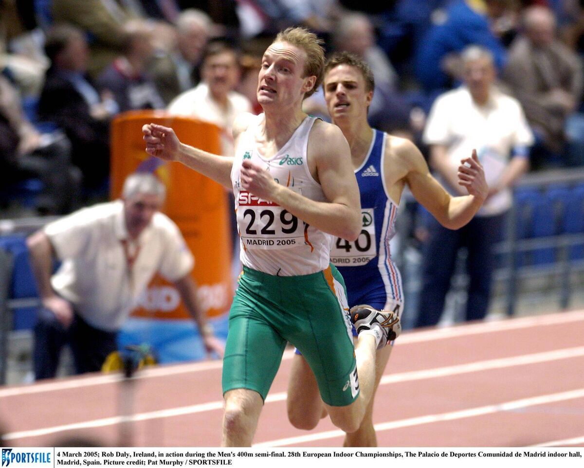 Molly Daly's father Rob Daly running for Ireland in the men's 400m semi-final at the 2005 European Indoor Athletics Championships. Pic: Pat Murphy / SPORTSFILE