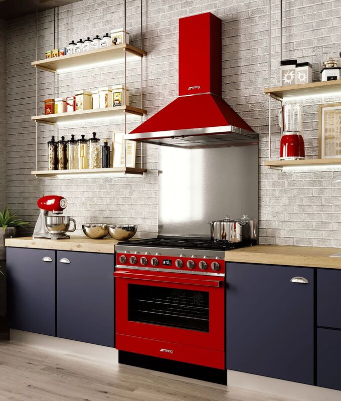 Some kitchen creatives may vouch for the bold aesthetic statement of an updraft extractor model like this Portofino 90cm by Smeg with its infrared automatic performance, which sings here with a matching cooker; €799, Harvey Norman.