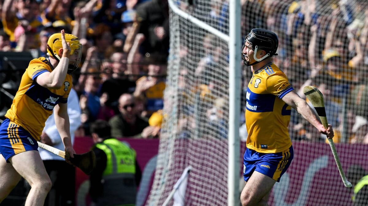 Ian Galvin of Clare congratulates goal scorer Shane Meehan, during their side's Munster Senior Hurling Championship victory over Waterford. Pic: Ray McManus/Sportsfile