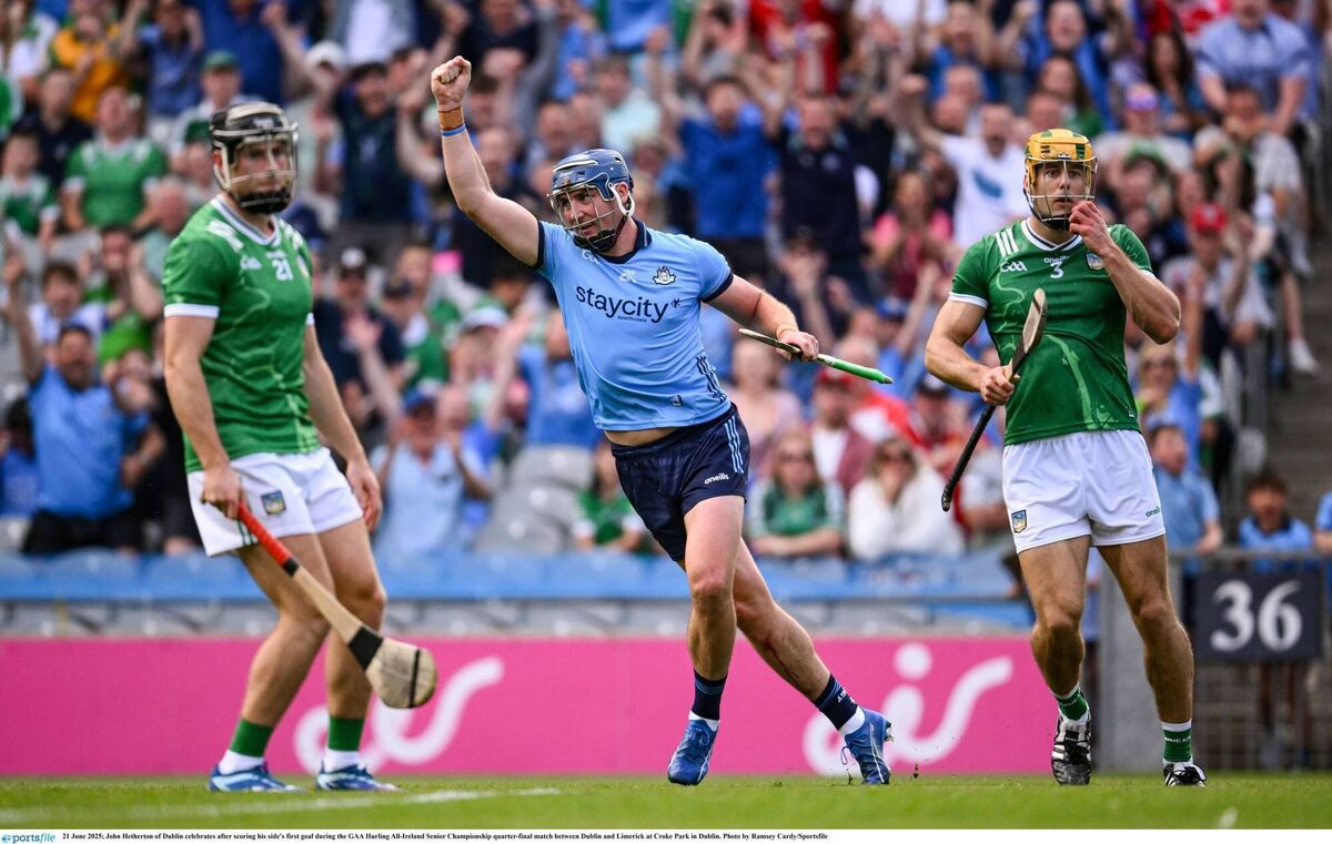 John Hetherton of Dublin celebrates after scoring his side's first goal during the 2025 All-Ireland Senior Hurling Championship quarter-final against Limerick. Pic: Ramsey Cardy/Sportsfile