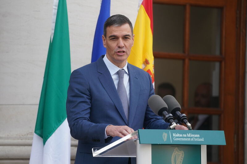 Spanish Prime Minister Pedro Sanchez speaks to the media outside the Government Buildings, Dublin. Picture: Brian Lawless/PA Wire