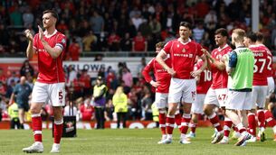 <p>STALLING THE RISE: Wrexham's Dominic Hyam applauds the fans following the Sky Bet Championship match at SToK Racecourse, Wrexham. Picture date: Saturday May 2, 2026. PA Photo. Photo credit should read: Cody Froggatt/PA Wire</p>