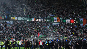 <p>Celtic and Rangers fans invade the pitch at full time, following the Scottish Gas Men's Scottish Cup quarter-final match at Ibrox Stadium, Glasgow. Picture date: Sunday March 8, 2026.</p>