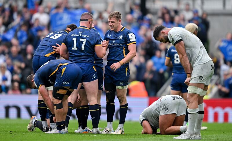 Leinster players, including Garry Ringrose, right, and Jerry Cahir, 17, celebrate Champions Cup semi-final. Pic: Sam Barnes/Sportsfile