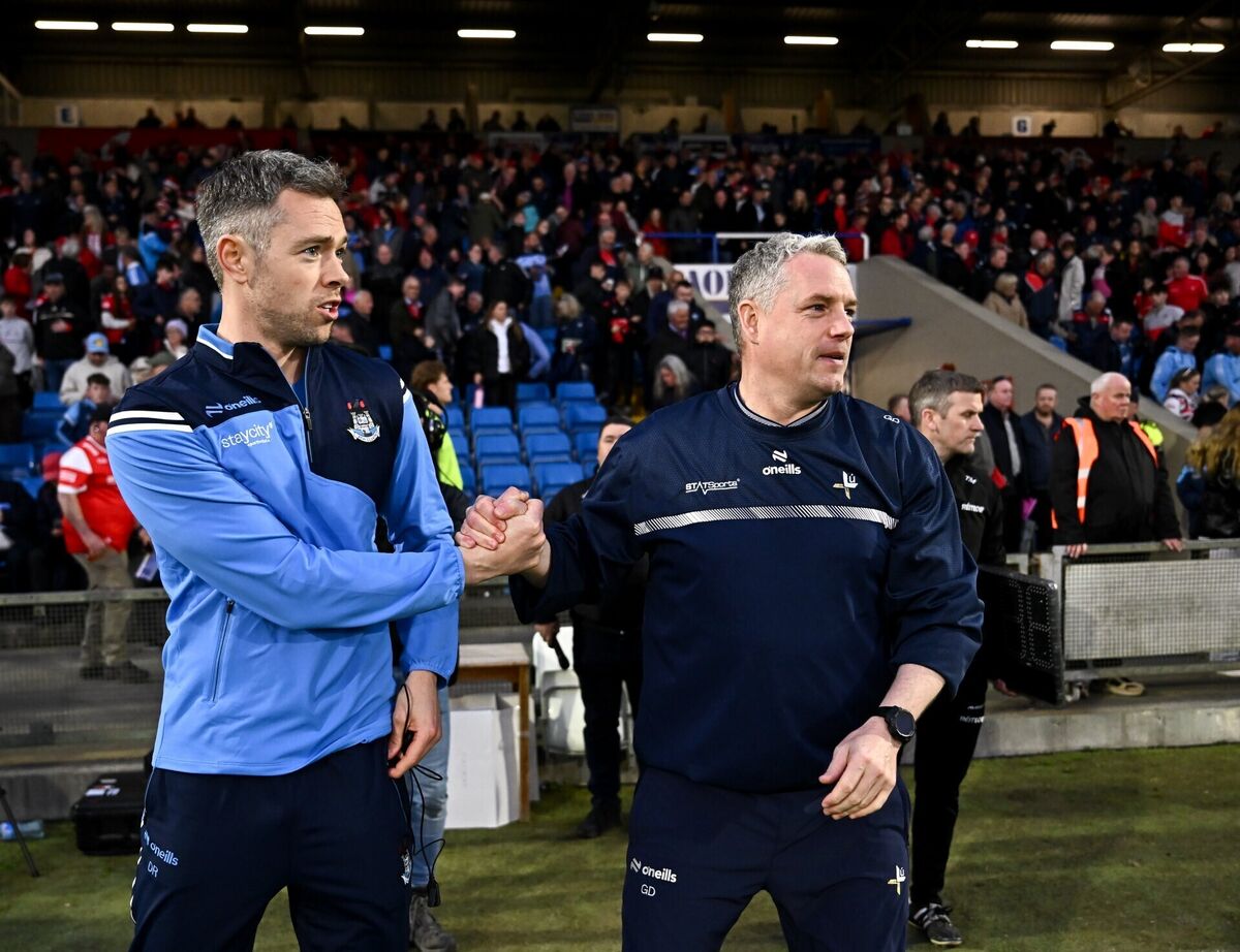 COMMISERATIONS: Dublin interim manager Dean Rock, left, and Louth manager Gavin Devlin after the Leinster GAA Football Senior Championship semi-final match between Louth and Dublin at Laois Hire O'Moore Park in Portlaoise, Laois. Photo by Piaras Ó Mídheach/Sportsfile