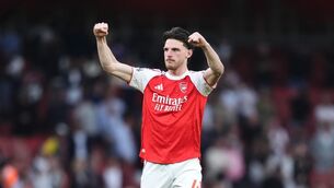 <p>MARCHING ON: Arsenal's Declan Rice celebrates following victory in the Premier League match at the Emirates Stadium, London. Pic: Adam Davy/PA Wire</p>