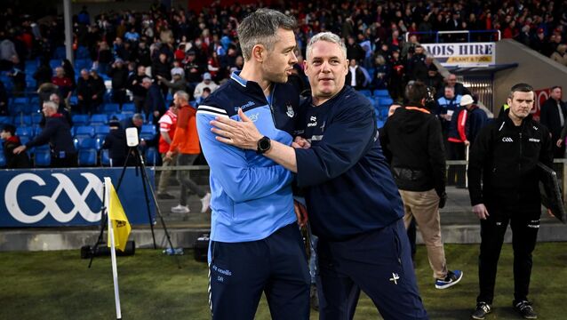 <p>RESPECT: Dublin stand-in manager Dean Rock, left, and Louth manager Gavin Devlin after the game. Pic: Piaras Ó Mídheach/Sportsfile</p>