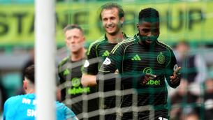 <p>Celtic's Kelechi Iheanacho celebrates scoring their side's winner. Pic: Andrew Milligan/PA Wire.</p>