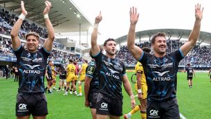 <p>Montpellier’s Domingo Miotti, Thomas Darmon and Auguste Cadot celebrate after their European Rugby Challenge Cup Semi-Final, Septeo Stadium, Montpellier. Pic: INPHO/Manuel Blondeau</p>