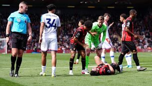 <p>FLASH POINT: Tempers flare between Crystal Palace goalkeeper Dean Henderson (centre right) and Bournemouth's Tyler Adams after Henderson fouled Bournemouth's Marcos Senesi in the area resulting in a penalty during the Premier League match at the Vitality Stadium, Bournemouth. Pic: John Walton/PA Wire</p>