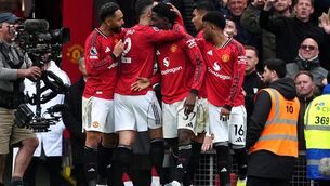 <p>Manchester United's Kobbie Mainoo celebrates scoring their side's third goal of the game. Pic: Martin Rickett/PA Wire.</p>