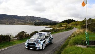 <p>KERRY GOLD: Callum Devine and Noel O'Sullivan compete in their Skoda Fabia RS Rally2 during the Assess Ireland International Rally of the Lakes round 4 of the Irish Tarmac Rally Championship at Killarney, Co Kerry. Pic: Philip Fitzpatrick/Sportsfile</p>