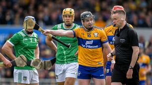 <p>LINE OF FIRE: Tony Kelly of Clare speaks to referee Michael Kennedy before his side were awarded a penalty during the Munster GAA Senior Hurling Championship Round 3 match between Clare and Limerick at Zimmer Biomet Páirc Chíosóg in Ennis, Clare. Pic: Brendan Moran/Sportsfile</p>