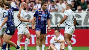 <p>ROARING ON: Union Bordeaux Bègles' Damian Penaud celebrates his side winning a penalty. Pic: INPHO/Gary Carr</p>