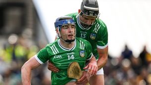 <p>BULLSEYE: Shane O’Brien of Limerick, left, with teammate Gearoid Hegarty, after winning a penalty. Photo by Brendan Moran/Sportsfile</p>