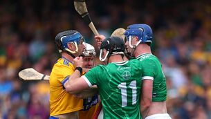 <p>BATTLE LINES: Clare’s Adam Hogan and David McInerney clash with Aidan O'Connor and Shane O'Brien of Limerick. Pic: INPHO/James Crombie</p>