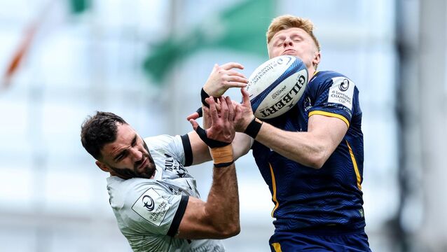 <p>RC Toulon's Charles Ollivon competes in the air with Leinster's Tommy O'Brien. Pic: ©INPHO/Ben Brady</p>