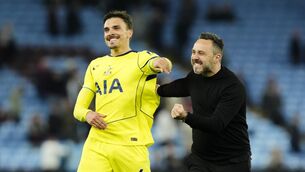 <p>SWEET RELIEF: Tottenham Hotspur manager Roberto de Zerbi celebrates with Joao Palhinha (left) after the Premier League match at Villa Park, Birmingham. Picture date: Sunday May 3, 2026. PA Photo. Photo credit should read: Nick Potts/PA Wire</p>
