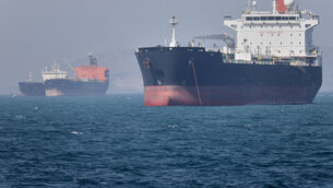 <p>Oil tankers sit at anchor offshore in the Strait of Hormuz off Bandar Abbas, Iran, Saturday, May 2, 2026. (Amirhosein Khorgooi/ISNA via AP)</p>