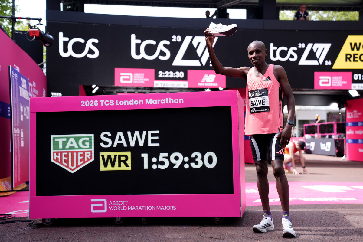 Sabastian Sawe after setting a new world record during the 2026 London Marathon. Picture: PA