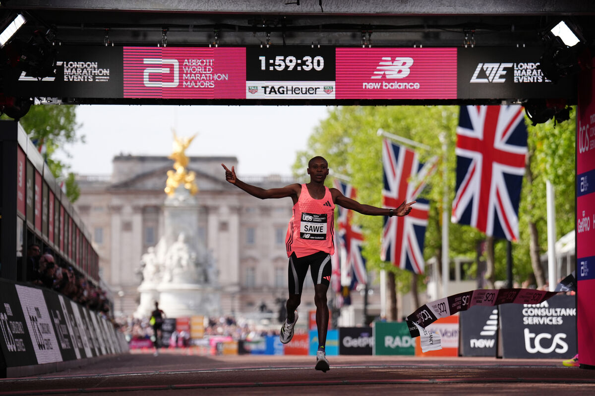 Sabastian Sawe after winning the men's elite race during the 2026 London Marathon on Sunday. Picture: PA