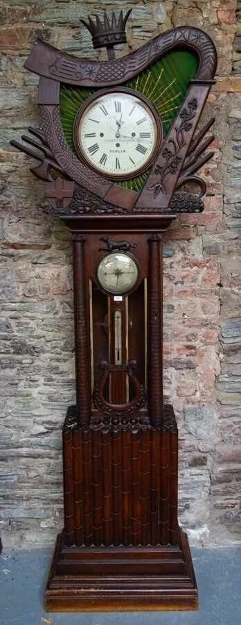  Rare 1860s Irish oak harp clock by John Donegan at RJ Keighery.