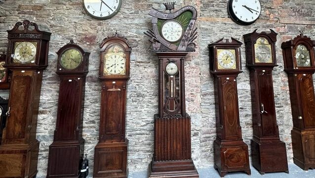 <p>A selection of longcase clocks at Keighery's sale in Waterford, including the rare 1860s Irish oak harp clock by John Donegan.</p>