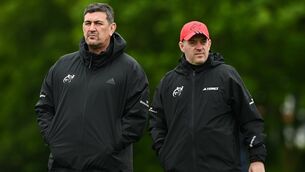 <p>Head coach Clayton McMillan and lead performance analyst and technical coach George Murray during Munster Rugby squad training at UL on Tuesday. Pic: Matt Browne/Sportsfile</p>