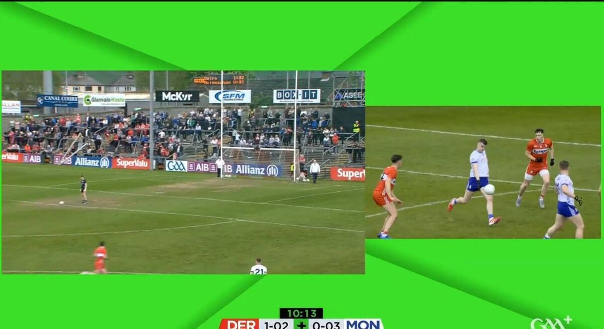 A split screen replay on GAA+ during Derry v Monaghan