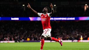 <p>STAR BOY: Arsenal's Bukayo Saka celebrates scoring their side's first goal. Pic: John Walton/PA Wire.</p>