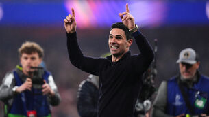 <p>Mikel Arteta celebrates Arsenal’s win over Atletico Madrid. Pic: John Walton/PA</p>