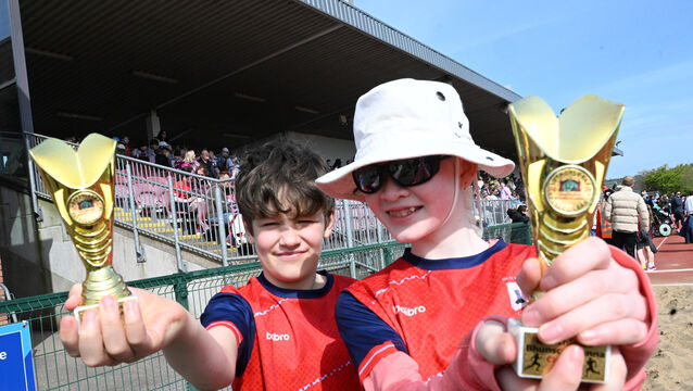 <p> Charlie Clifford and Emilia Howard from Scoil Mhártín, Kilwoth at the "Lá Spraoi" athletic sports event for children with physical disabilities at MTU Athletics track. Picture: Larry Cummins</p>