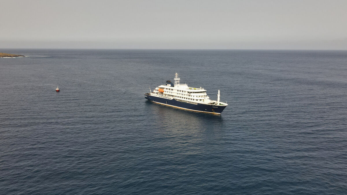 An aerial view of the MV Hondius Dutch cruise ship anchored in the Atlantic off Cape Verde, Tuesday, May 5, 2026. (AP Photo/Arilson Almeida) An aerial view of the MV Hondius Dutch cruise ship anchored in the Atlantic off Cape Verde, Tuesday, May 5, 2026. (AP Photo/Arilson Almeida)