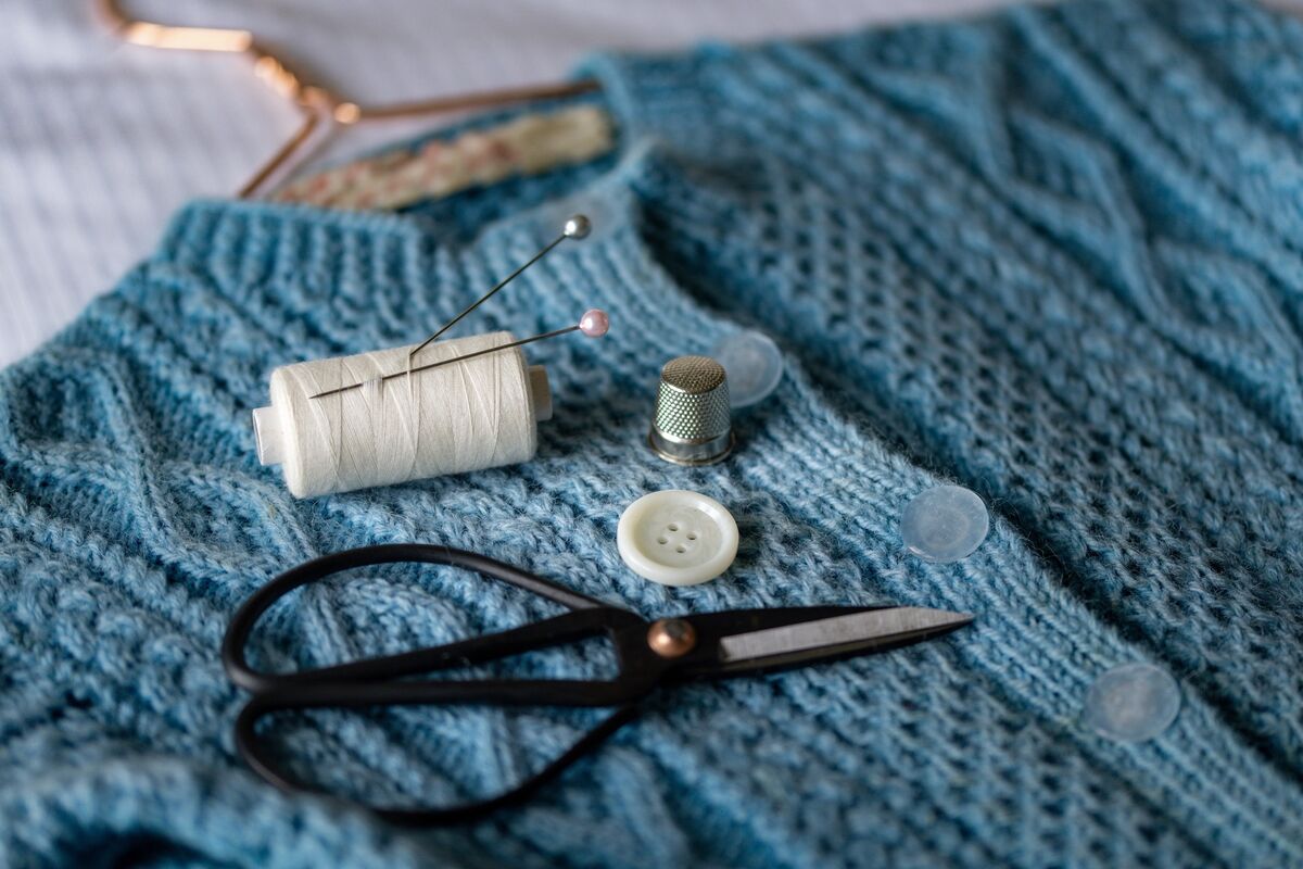 A close-up of Annmarie O’Connor’s sewing kit, essential tools she uses to repair and care for clothing. Picture: Chani Anderson