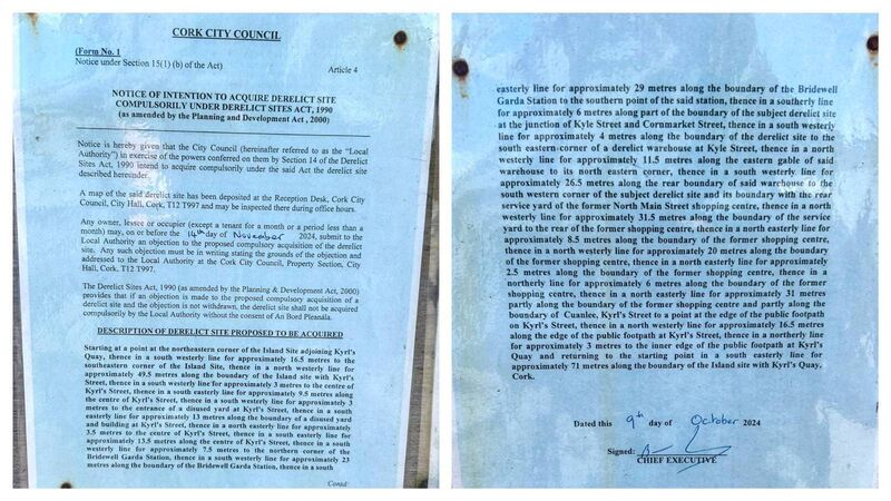 Cork City Council notice of intention to acquire a derelict site at Kyrl's Quay in the city centre