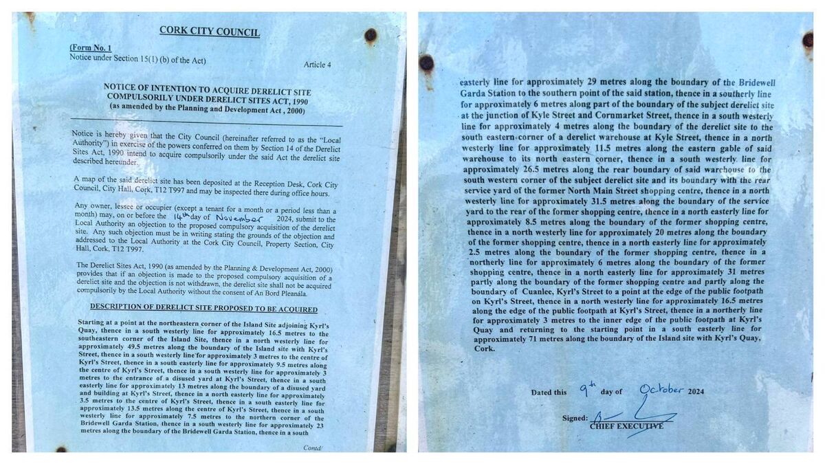 Cork City Council notice of intention to acquire a derelict site at Kyrl's Quay in the city centre Cork City Council notice of intention to acquire a derelict site at Kyrl's Quay in the city centre