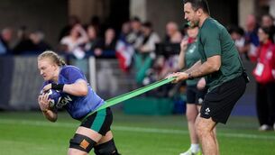 <p>Ireland's Aoife Wafer and Alan O’Connor during the warm up before Ireland's meeting with France. Pic: ©INPHO/Dave Winter</p>