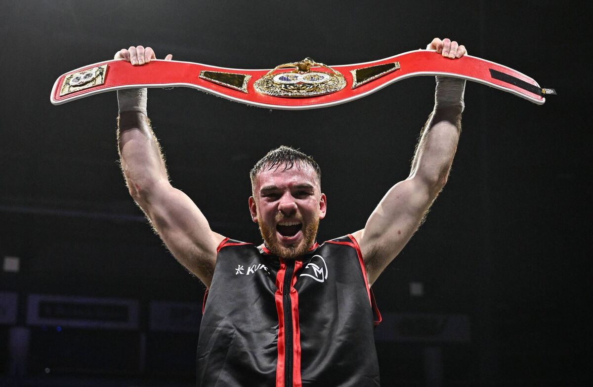 Kieran Molloy celebrates his victory over Xavier Kohlen in their welterweight IBF European title bout at the SSE Arena in Belfast. Photo by David Fitzgerald/Sportsfile