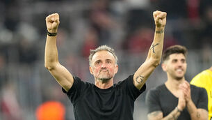 <p>PSG head coach Luis Enrique celebrates after the draw in Munich. Pic: Martin Meissner/AP</p>