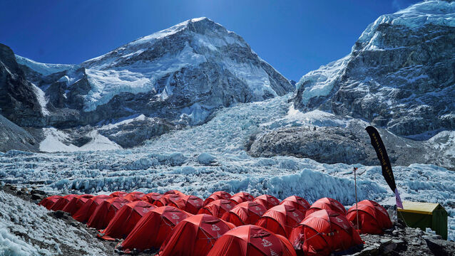 Khumbu Icefall between two peaks in the background at the Everest Base Camp (Pasang Rinzee Sherpa/AP)