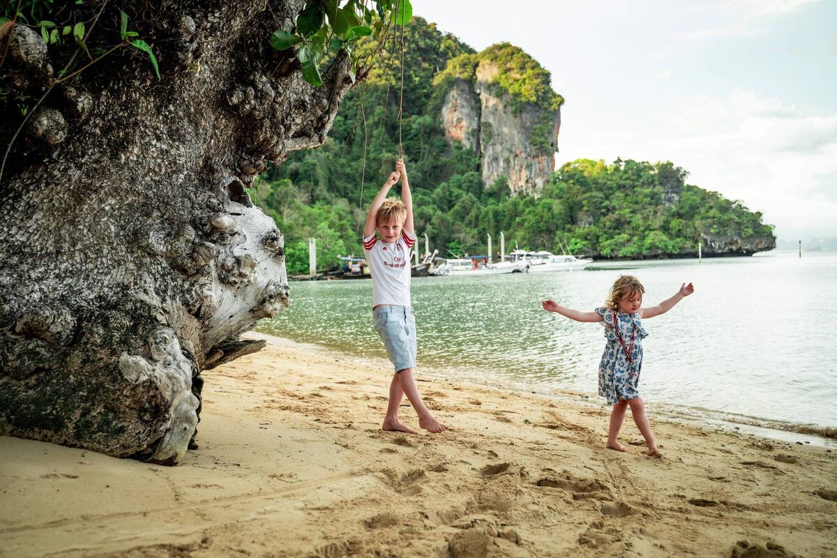 Cillian and Evie having fun on the beach in paradise on Koh Yao Noi.