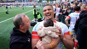 <p>Ulster head coach Richie Murphy and Juarno Augustus celebrate. Pic: Bryan Keane/Inpho</p>