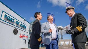 <p> Pictured in Ringaskiddy, Cork at the announcement of Hibernia Line is Helen Rogers, Head of Onboarding; Chief Executive Officer Aidan Coffey and Captain Paul Roche.</p>
