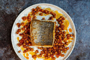 Hake with chickpeas and nduja
