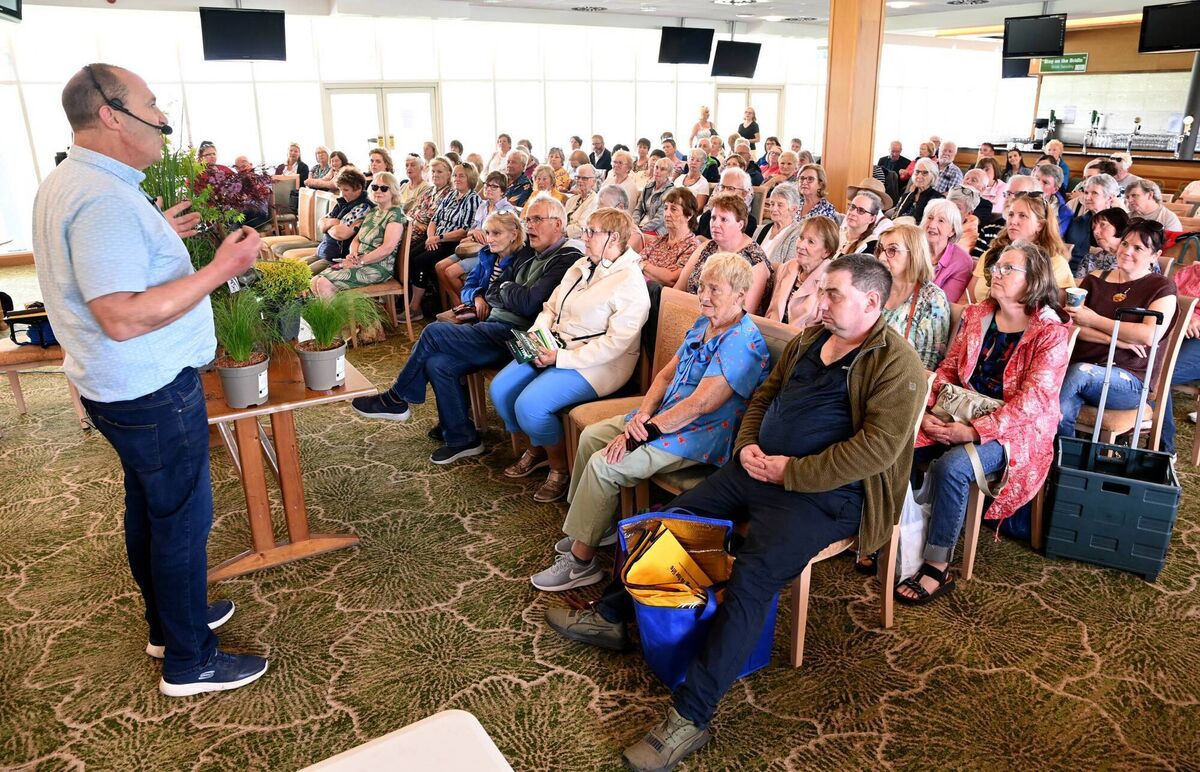 Irish Examiner gardening columnist Peter Dowdall speaking at Mallow Home and Garden Festival 2025 at the Cork racecourse in Mallow. 