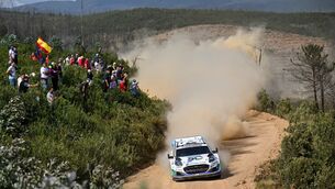 <p>Joshua McErlean and Eoin Treacy of Ireland in their Ford Puma Rally1 during day one of the FIA World Rally Championship Rally de Portugal in Porto. Pic: Philip Fitzpatrick/Sportsfile</p>