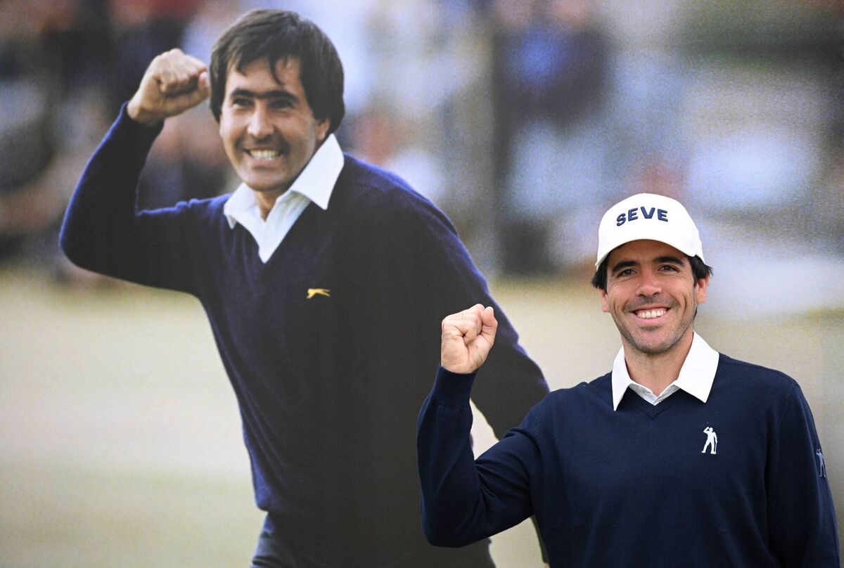 Javier Ballesteros  poses for a photo in front of an image of his father, Seve, on the anniversary of his death, on day one of the Estrella Damm Catalunya Championship at Real Club de Golf el Prat in Barcelona. Pic: Stuart Franklin/Getty Images