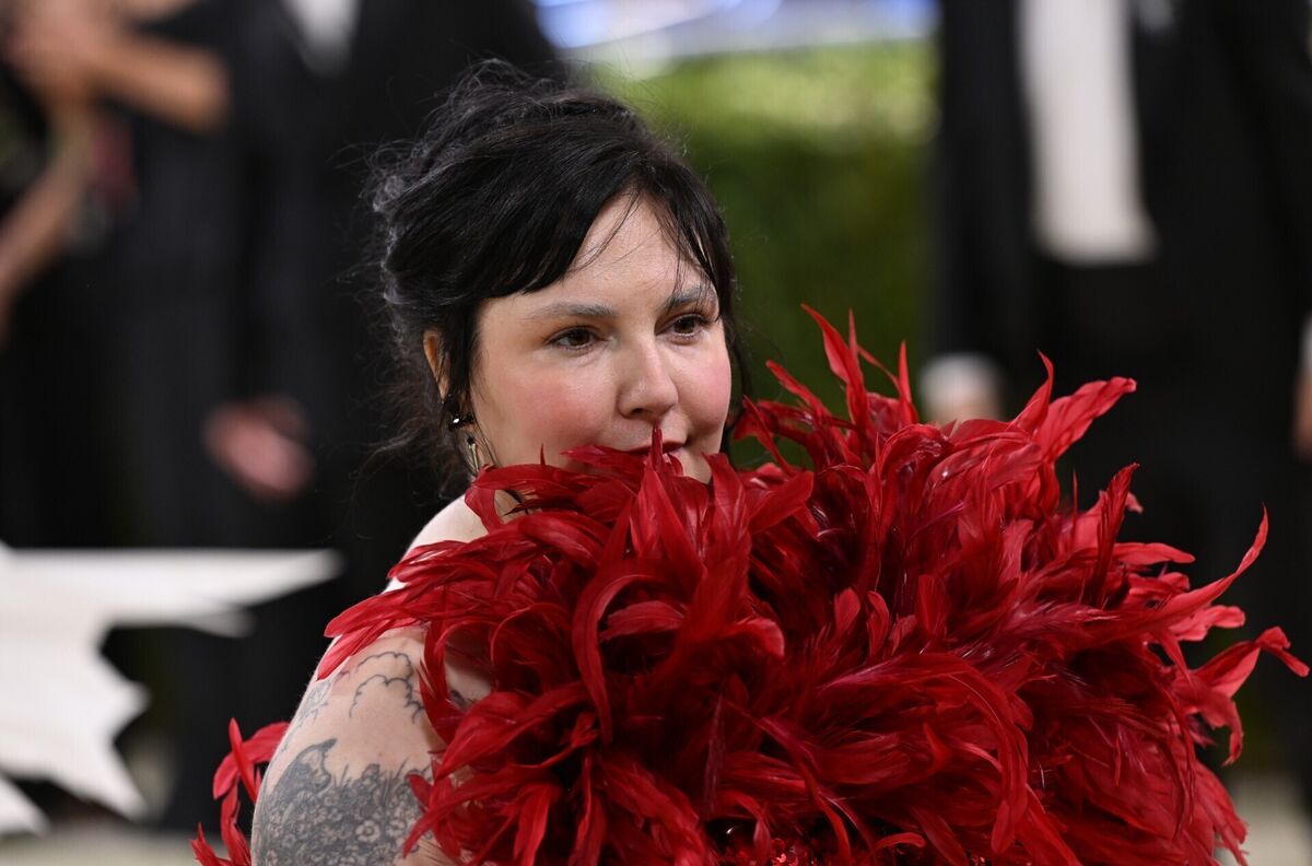 Lena Dunham on the red carpet at the Met Gala this week. Her outfit was supposed to represent the blood spatter from the 17th-century painting Judith Slaying Holofenes. Photo: Matt Crossick/PA
